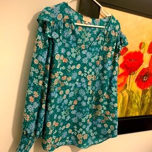 Loft green floral tie neck blouse